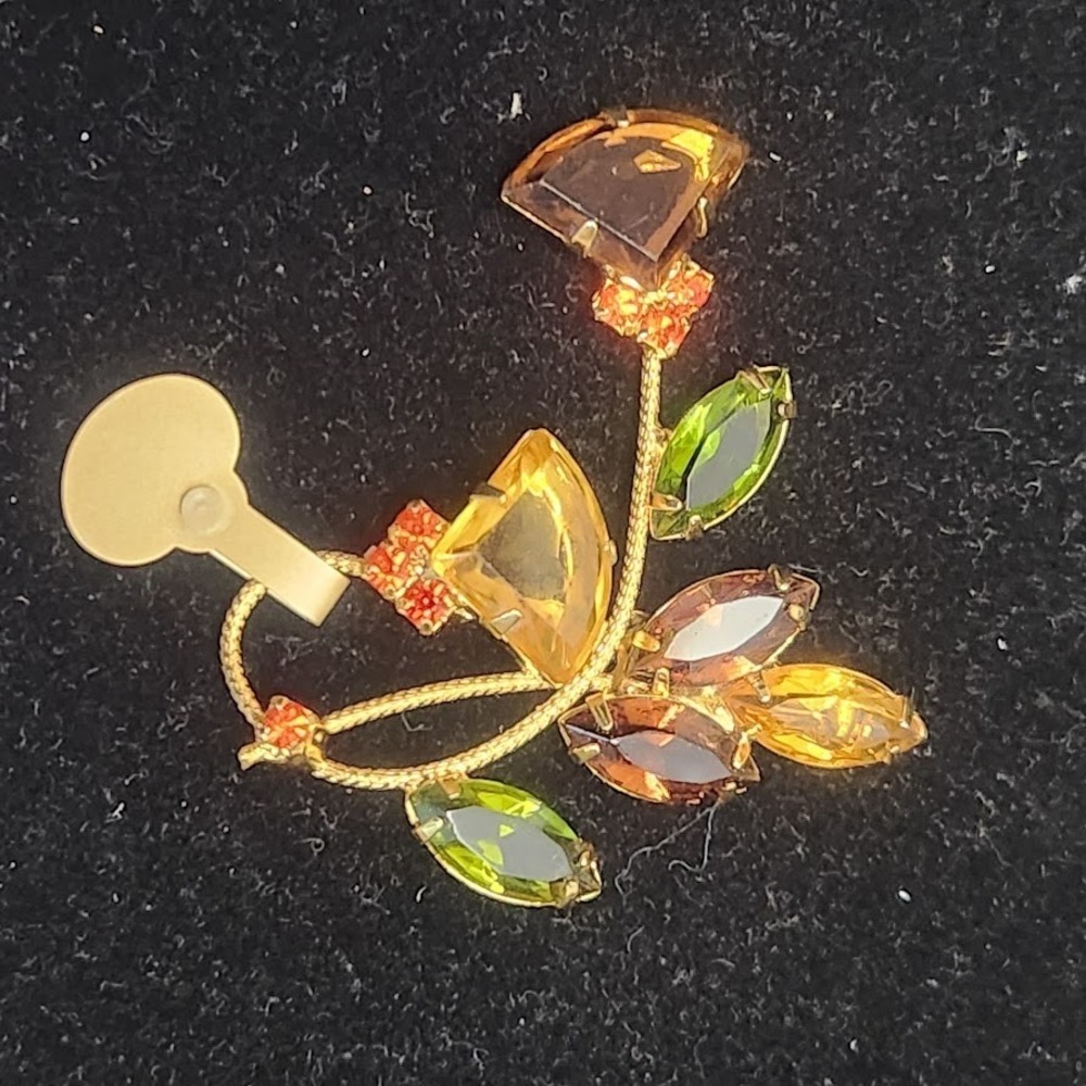 Vintage Topaz & Green Pie Rhinestone Brooch/‎ Pin